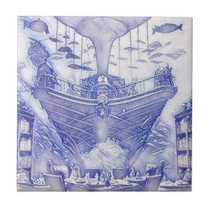 Victorian Era Fantasy Sea Tiles Blue and White 19