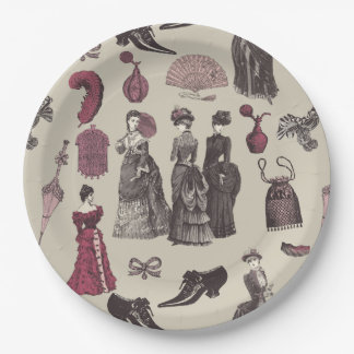 victorian era fashion women toile beige paper plate