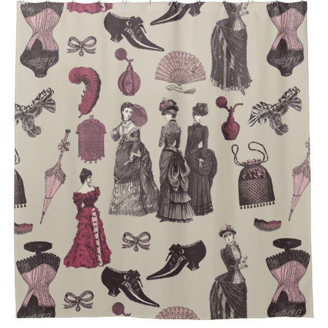 victorian era fashion women toile beige shower curtain (Front)