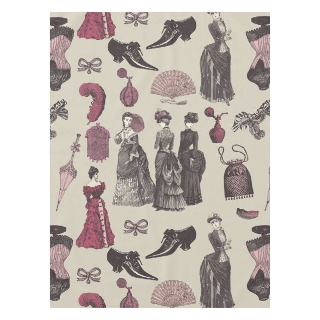 victorian era fashion women toile beige tablecloth (Front)