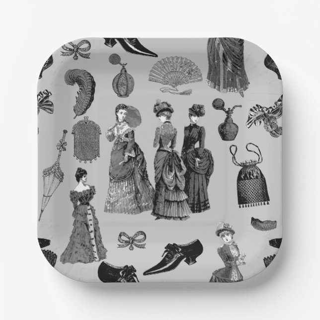 victorian era fashion women toile black white paper plate (Front)