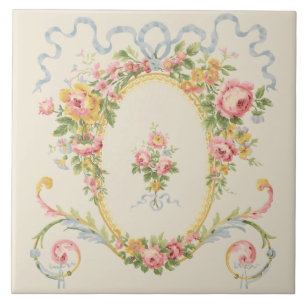 Victorian Era Floral Medallion & Blue Ribbon Ceramic Tile