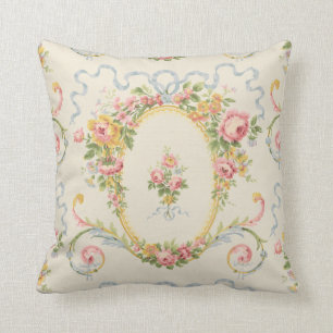 Victorian Era Floral Medallion & Blue Ribbon Cushion