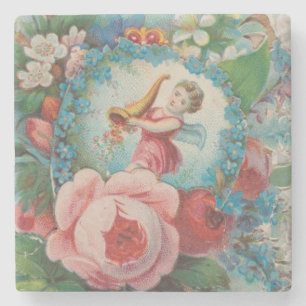 Victorian Era Floral Valentine's Card, Roses, 1879 Stone Coaster