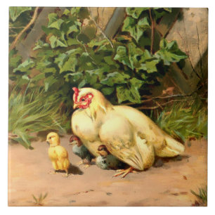 Victorian Era Hen & Baby Chickens By L. Prang Ceramic Tile