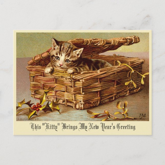 Victorian Era Kitten with Holly "New Year's" Postcard (Front)
