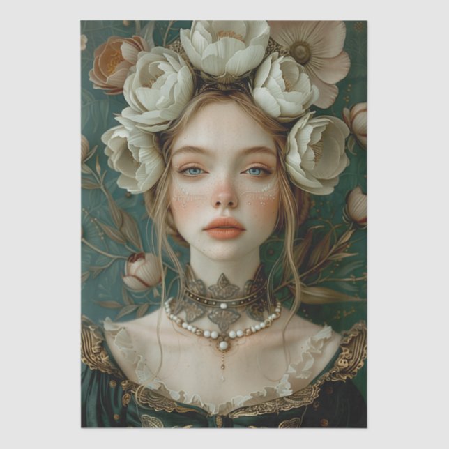 Victorian Era Lady Floral Headdress Decoupage Tissue Paper (Front)