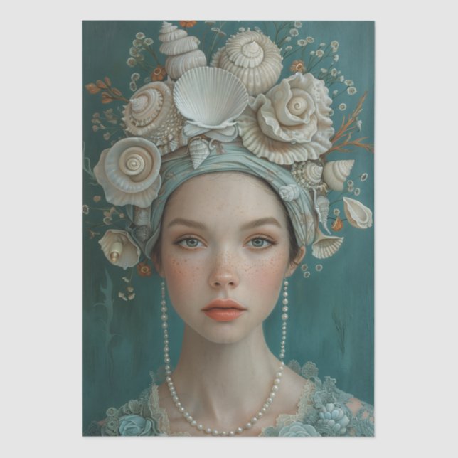 Victorian Era Lady Floral Sea Shells Decoupage Tissue Paper (Front)