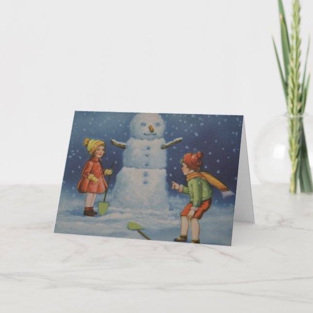 Victorian Era Snowman and Children Christmas Card (Front)