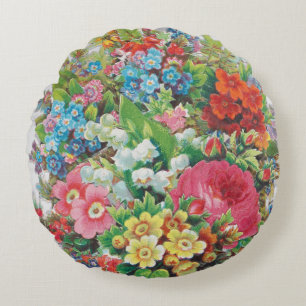 Victorian Era Valentine's Card, Floral Bouquet Round Cushion