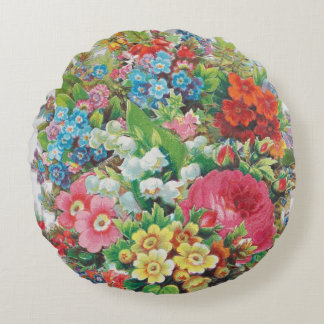 Victorian Era Valentine's Card, Floral Bouquet Round Cushion