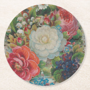 Victorian Era Valentine's Card, Floral Bouquet Round Paper Coaster