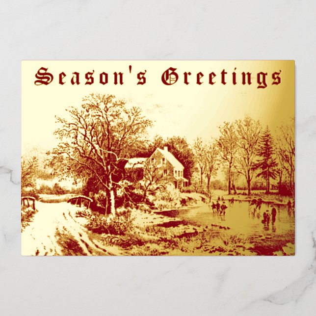 Victorian Era Winter Scene by Currier & Ives Foil Holiday Card (Front)