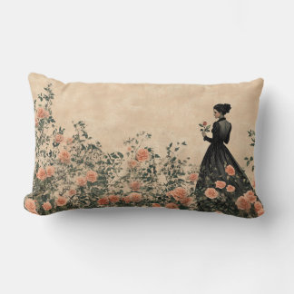 Victorian Era Woman in Rose Garden Pillow
