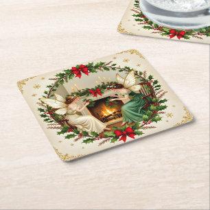Victorian Fairies Christmas Spirirt Square Paper Coaster