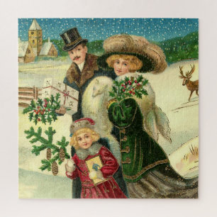 Victorian family in the snow Christmas scene Jigsaw Puzzle