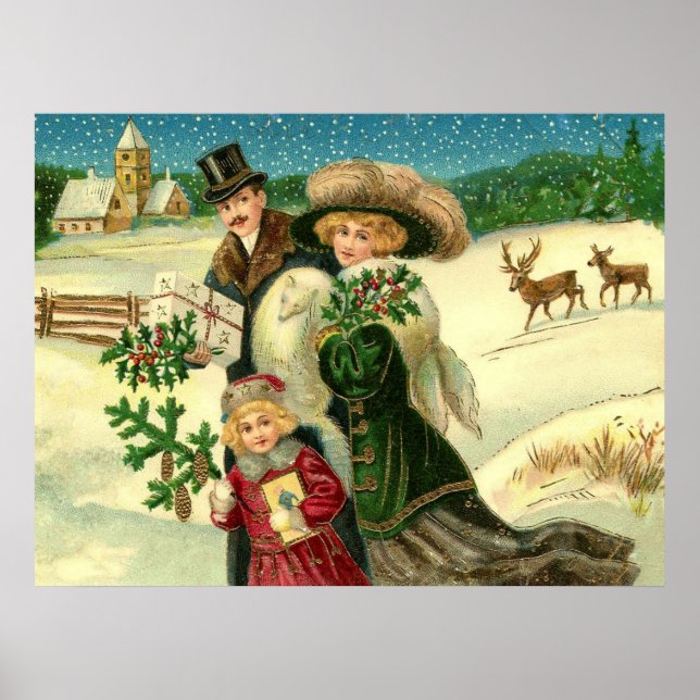 Victorian family in the snow Christmas scene Poster (Front)