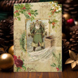 Victorian Father Christmas Floral Ephemera  Holiday Card<br><div class="desc">Richly elegant Christmas composition featuring old world green-robed Father Christmas framed by vintage holly,  roses,  dog roses and pine with ornate gold flourishes on distressed sepia background.</div>