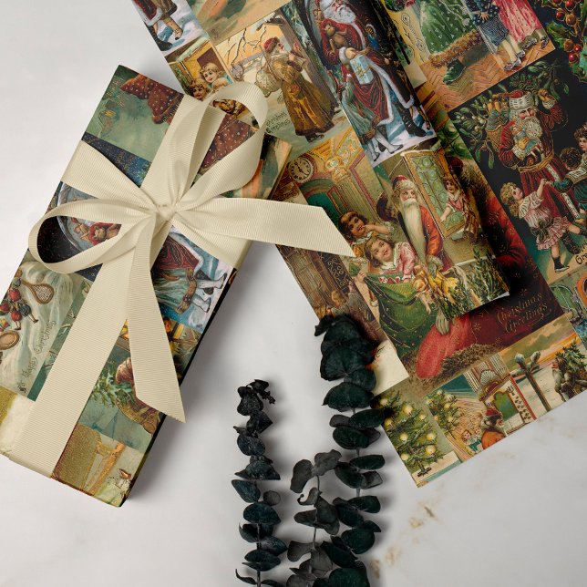 Victorian Father Christmas with Children Collage Wrapping Paper (Creator Uploaded)