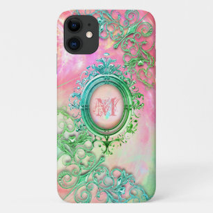 Victorian filigree opal look pink teal elegant iPhone 11 case