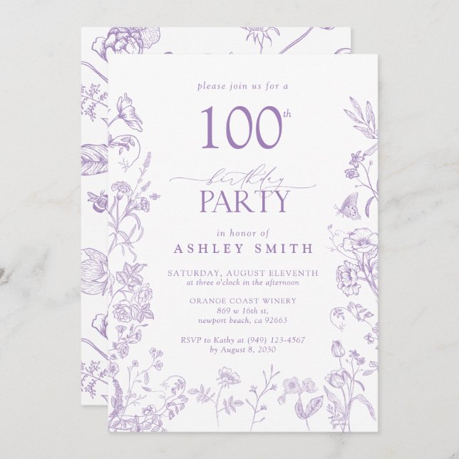 Victorian Floral 100th Birthday Party Lavender Invitation (Front/Back)