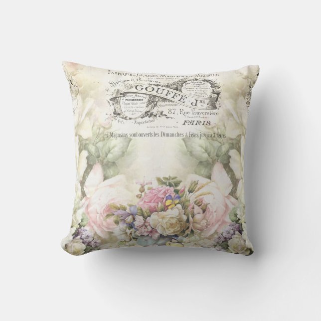 Victorian Floral and Advertising Ephemera Cushion (Front)
