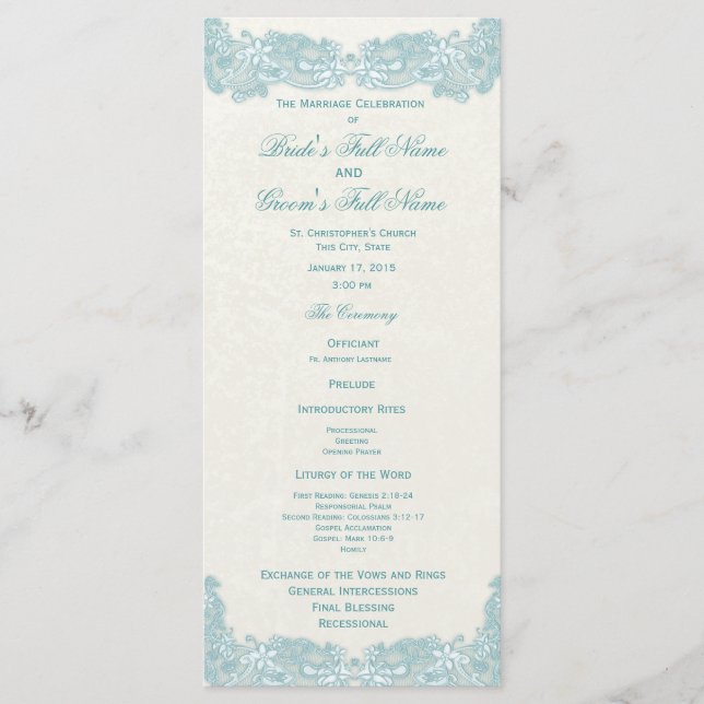 Victorian Floral Aqua Lace Wedding Program (Front)