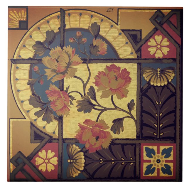 Victorian floral arts and craft blue brown red ceramic tile (Front)