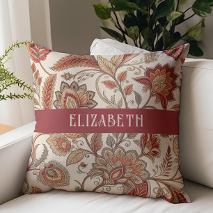 Victorian Floral Chintz Monogram Name Beige Rust Cushion