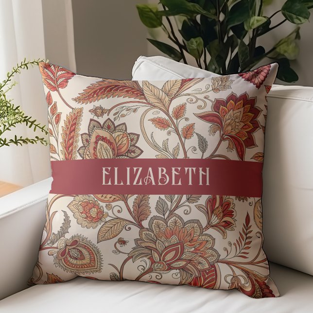 Victorian Floral Chintz Monogram Name Beige Rust Cushion (Creator Uploaded)