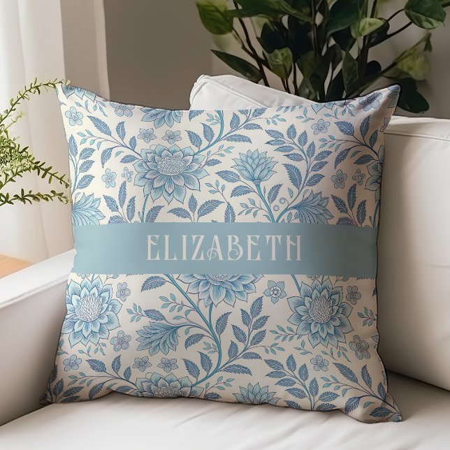 Victorian Floral Chintz Monogram Name Blue Cushion (Creator Uploaded)