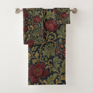 Victorian Floral Dark Damask Pattern Bath Towel Set