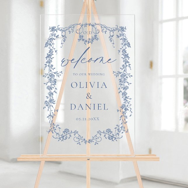 Victorian Floral Dusty Blue French Wedding Welcome Acrylic Sign (Creator Uploaded)