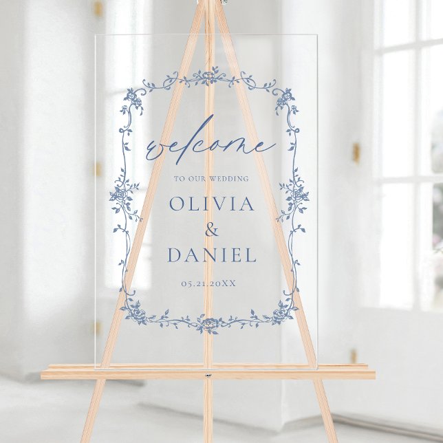 Victorian Floral Dusty Blue French Wedding Welcome Acrylic Sign (Creator Uploaded)