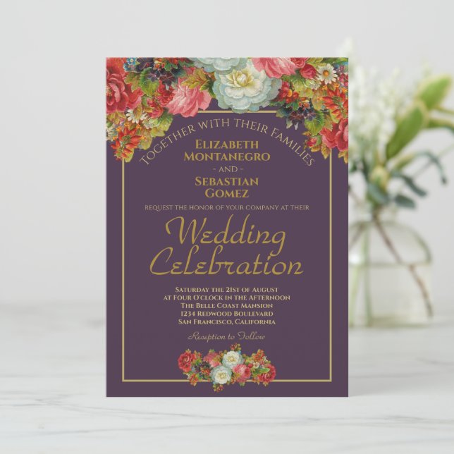 Victorian Floral Elegant Plum & Gold Wedding Invitation (Standing Front)