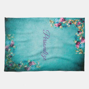 Victorian floral elegant scroll teal purple pink tea towel