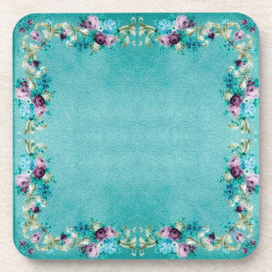 Victorian floral elegant teal purple pink coaster