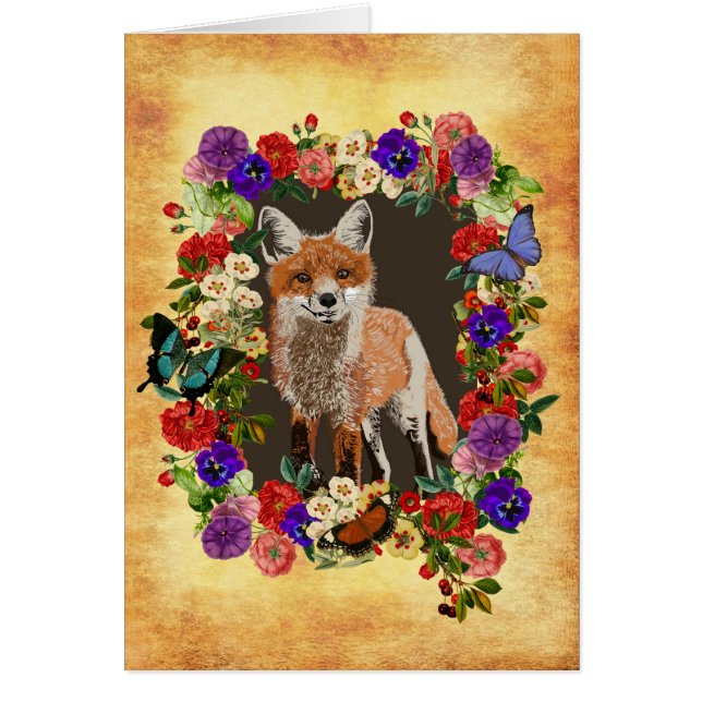 Victorian Floral Fox & Butterfly Greeting Card (Front)