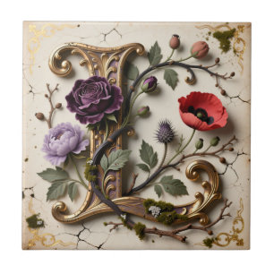 Victorian Floral Gold Letter L Monogram Ceramic Tile