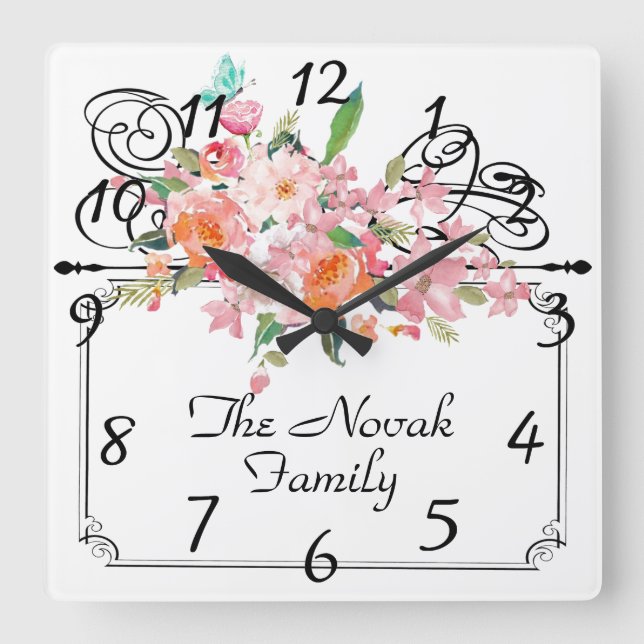 Victorian floral hanging sign wedding square wall  clock (Front)