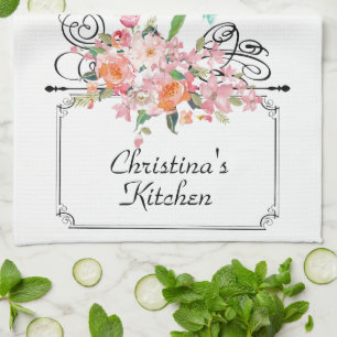 Victorian floral hanging sign white black pink tea towel