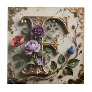 Victorian Floral Patina Letter F Monogram Ceramic Tile