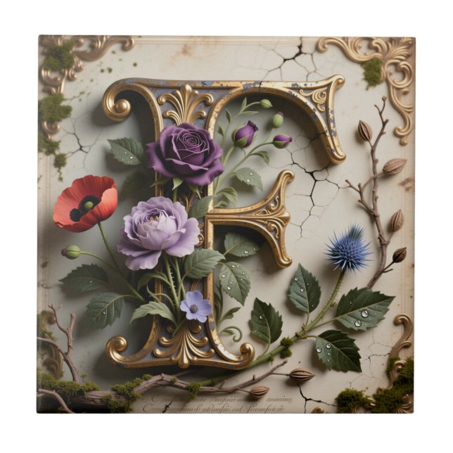 Victorian Floral Patina Letter F Monogram Ceramic Tile (Front)