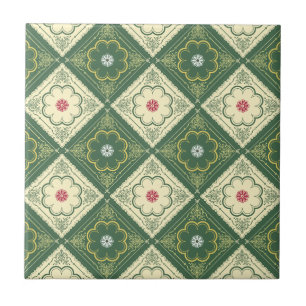 VIctorian Floral Pattern - Ivory and Green Ceramic Tile