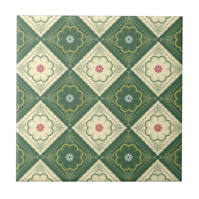 VIctorian Floral Pattern - Ivory and Green Ceramic Tile (Front)