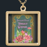 Victorian floral perfume label gold plated necklace<br><div class="desc">Vintage french perfume advertisement featuring roses and various flowers in a vase,  framed by a gold scroll frame. Says "bouquet d' oriente". Done in rich colours of gold,  green,  pink,  black,  turquoise and blue.</div>
