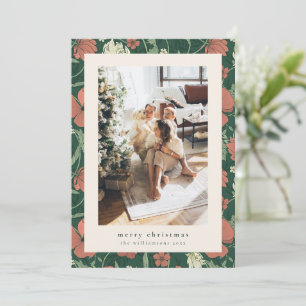 Victorian Floral Red Green Christmas Family Photo Holiday Card