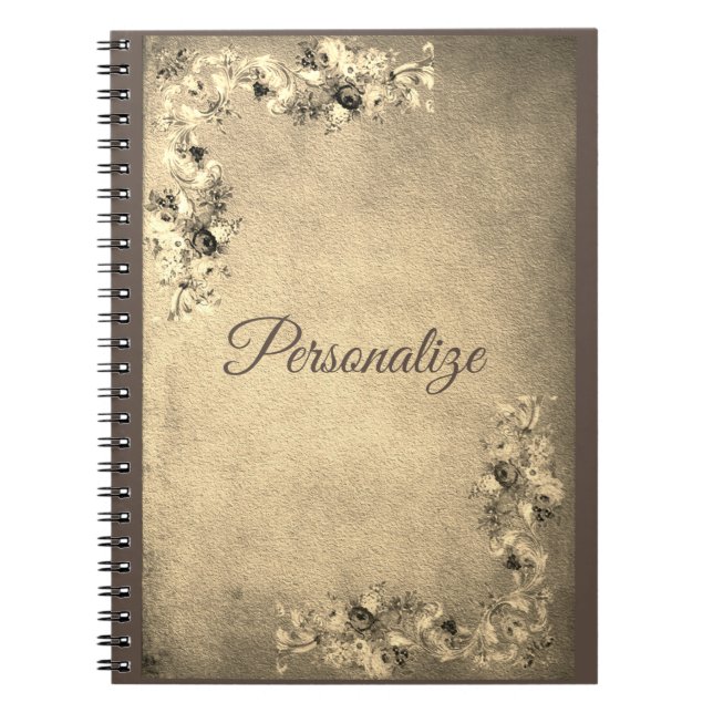 Victorian floral rose elegant gold brown cream notebook (Front)