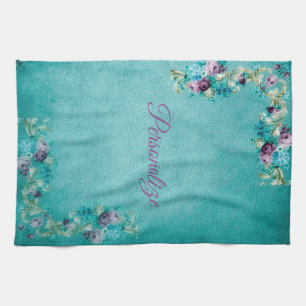 Victorian floral rose elegant teal purple pink tea towel