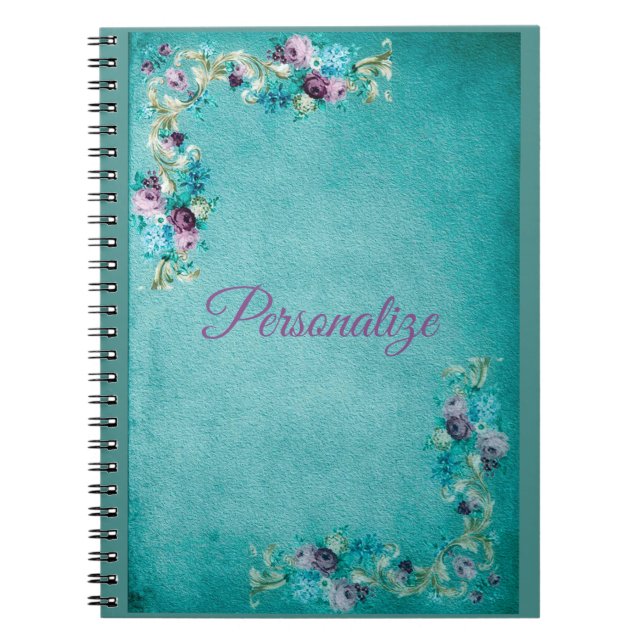 Victorian floral rose flowers elegant teal purple notebook (Front)